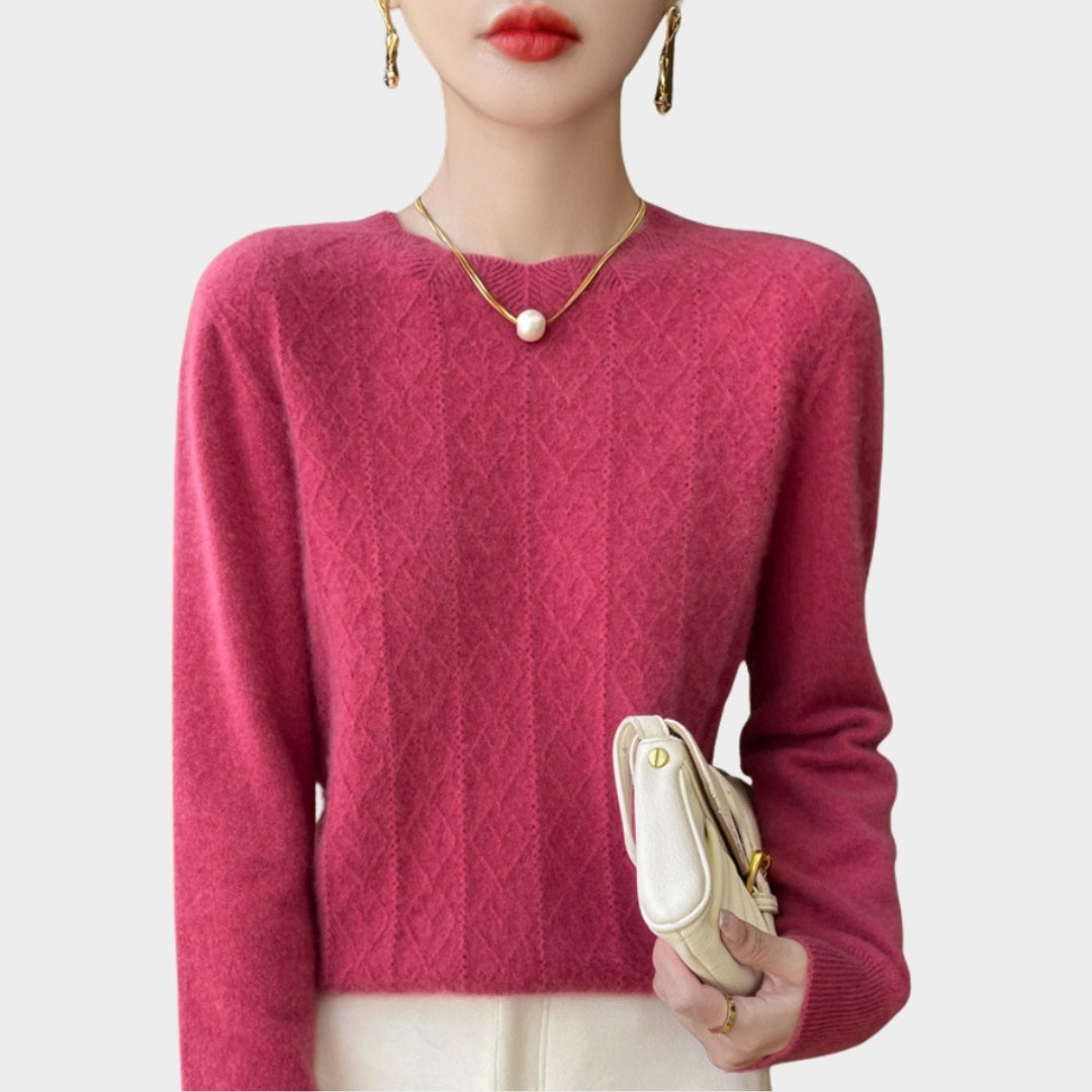 Women’s Merino Wool Hollow Out Sweater - O-neck Pullover, Long Sleeve, Cashmere Blend, Pumpkin, Lake Blue, and More
