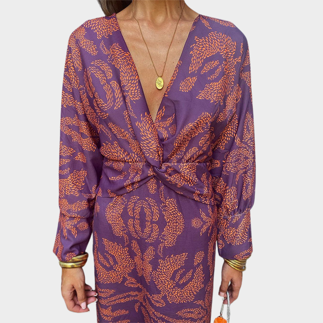 Women's Retro Printed Midi Dress – Elegant Round Neck Long Sleeve Party Dress – Multiple Colours