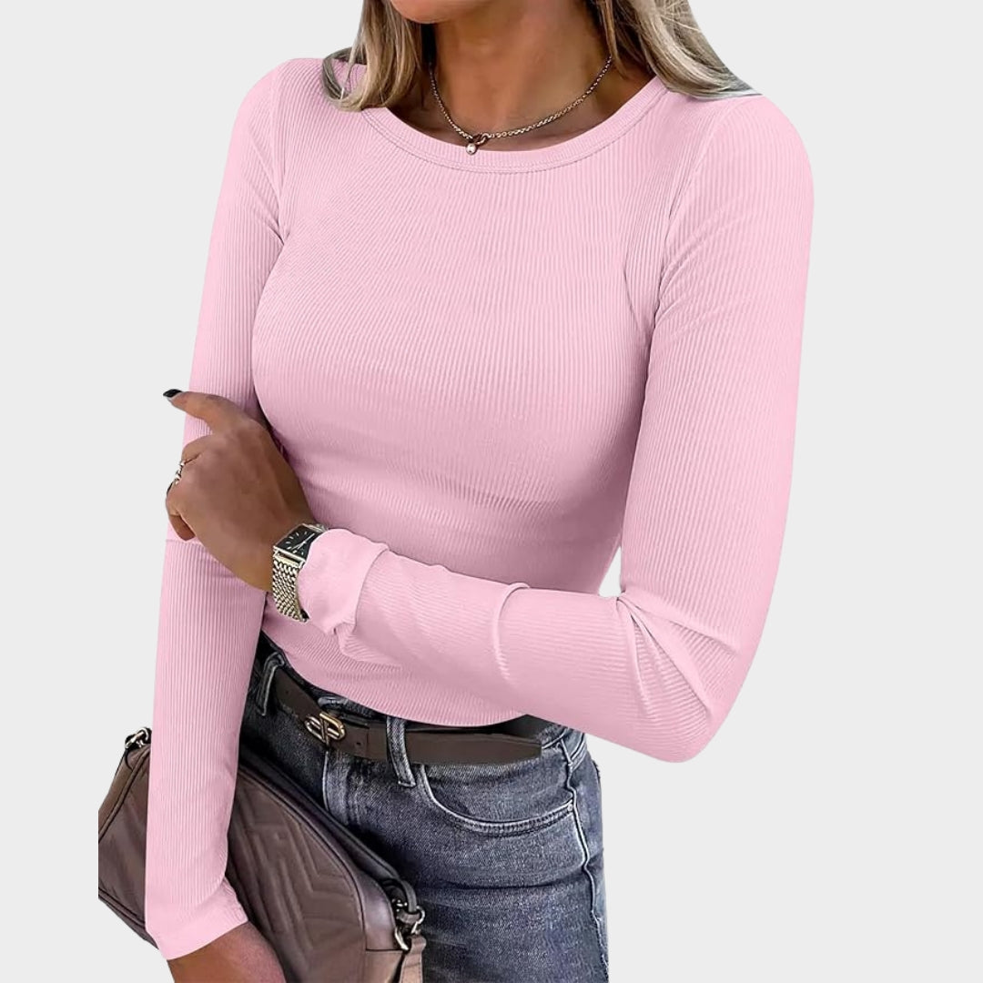 Women's Long-Sleeve Ribbed Knit Top - Crewneck - Slim Fit Basic Tee - Casual & Versatile - Multiple Colours