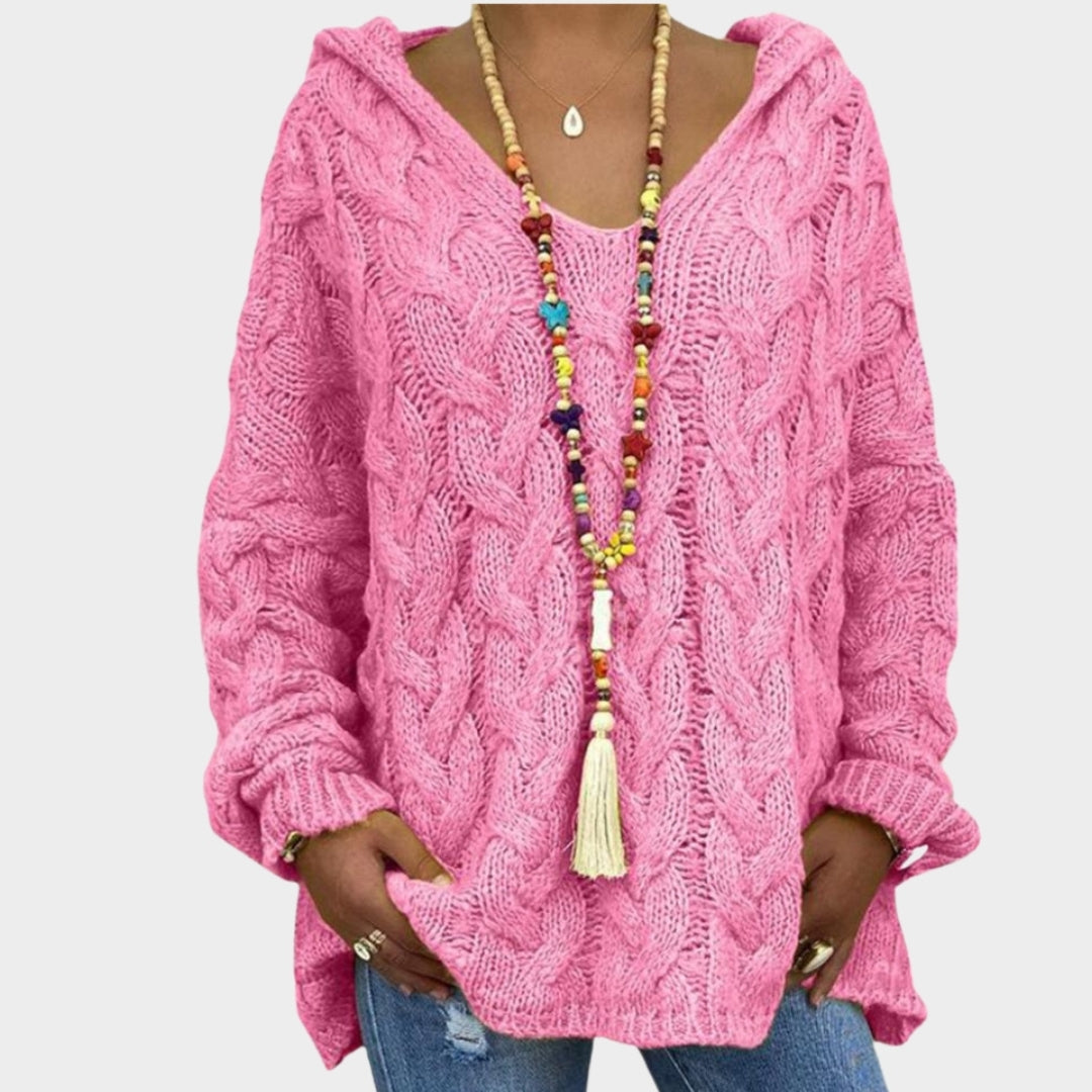 Women’s Hooded V-Neck Knitted Sweater - Long Sleeve, Twist Knit, Solid Color Loose Pullover, Red, Green, and More