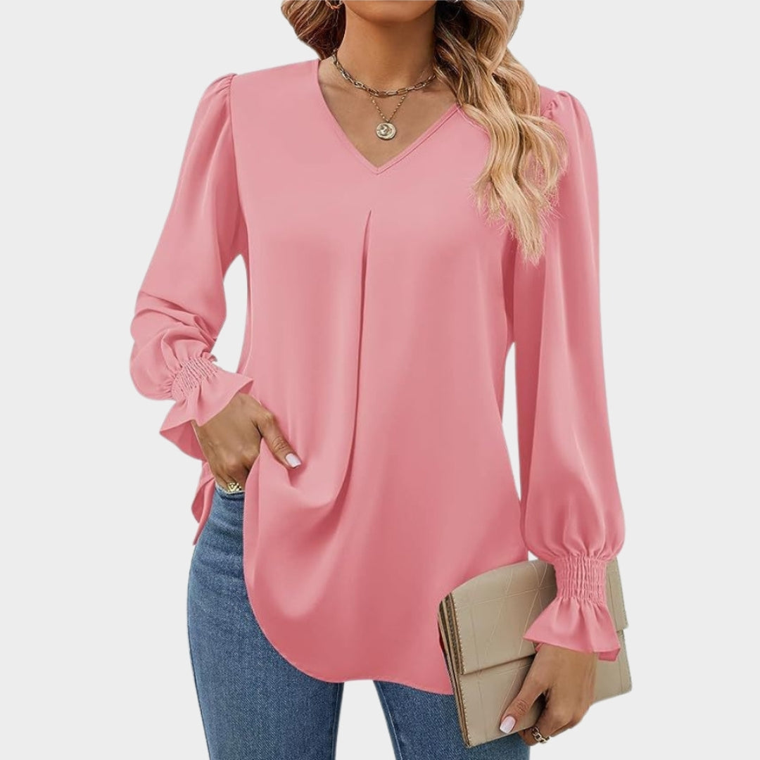 Women’s Chiffon V-Neck Blouse - Long Flared Sleeve Shirt, Loose Fit, Elegant Office Top