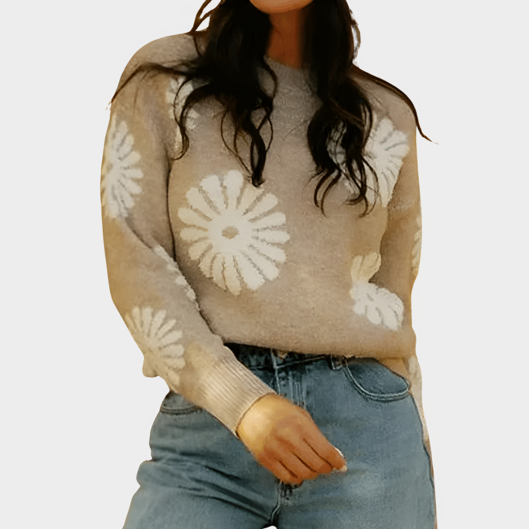 Women’s Knitted Sweater – Floral Pattern – Soft & Breathable – Relaxed Fit – Beige