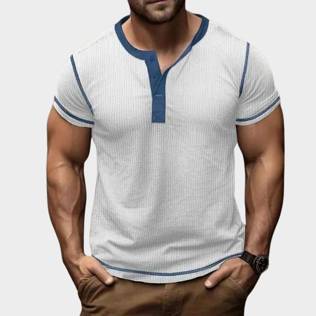 Men's T-Shirt – Short Sleeve Vintage Fit Waffle Texture Crew Neck Henley Top – Multiple Colours