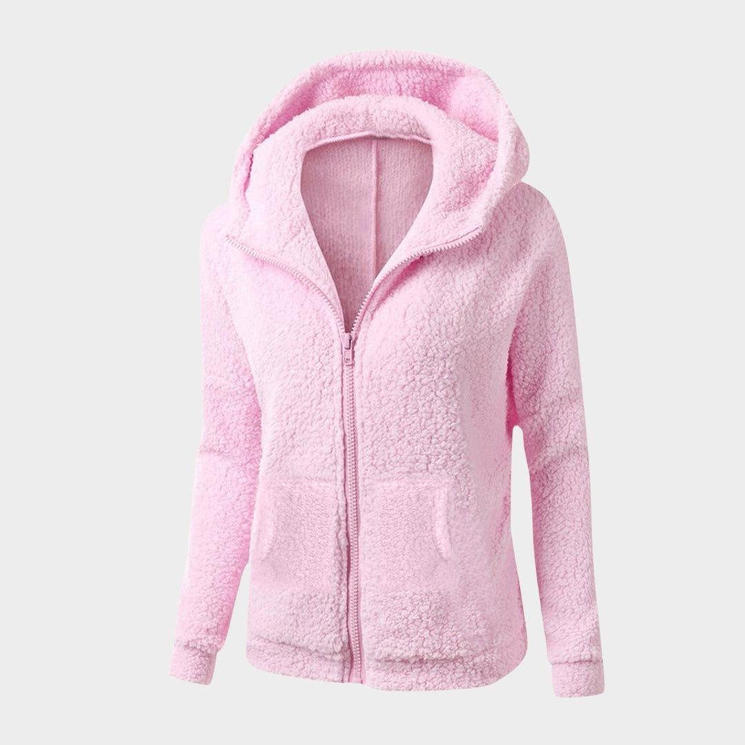 Women’s Hooded Plush Zip-Up Coat – Soft Loose Sweatshirt, Solid Color, Warm Top for Autumn & Winter, Pink, Beige, Black