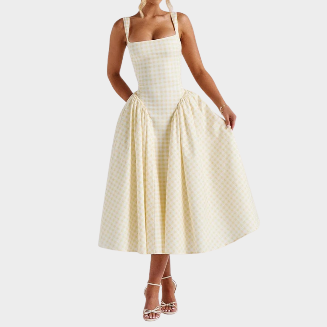 Women’s Midi Dress – Gingham Print with Fitted Bodice – Lace Up Back – Square Neckline – Flowing Skirt – Multiple Colours
