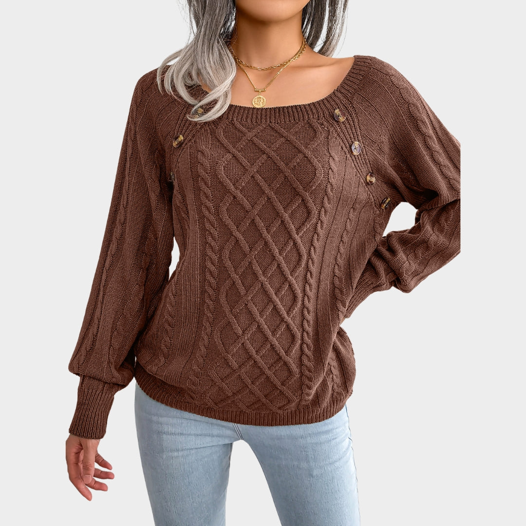 Women’s Cable Knit Sweater – Square Neck, Button Detail, Ribbed, Long Sleeve, Solid Color Pullover