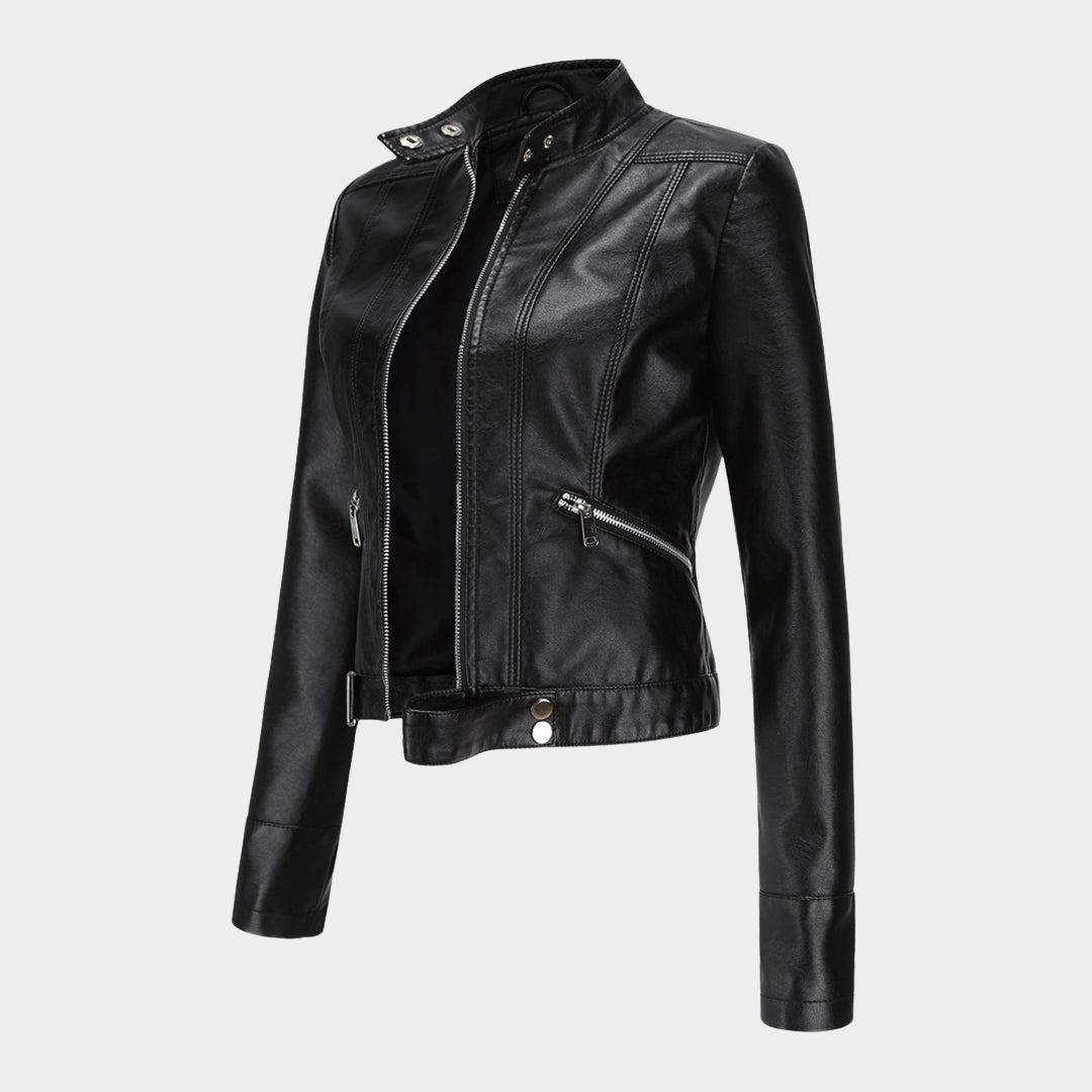Women's Slim Fit Leather Jacket – Short Length – Stand Collar – Stylish Outerwear – Multiple Colours