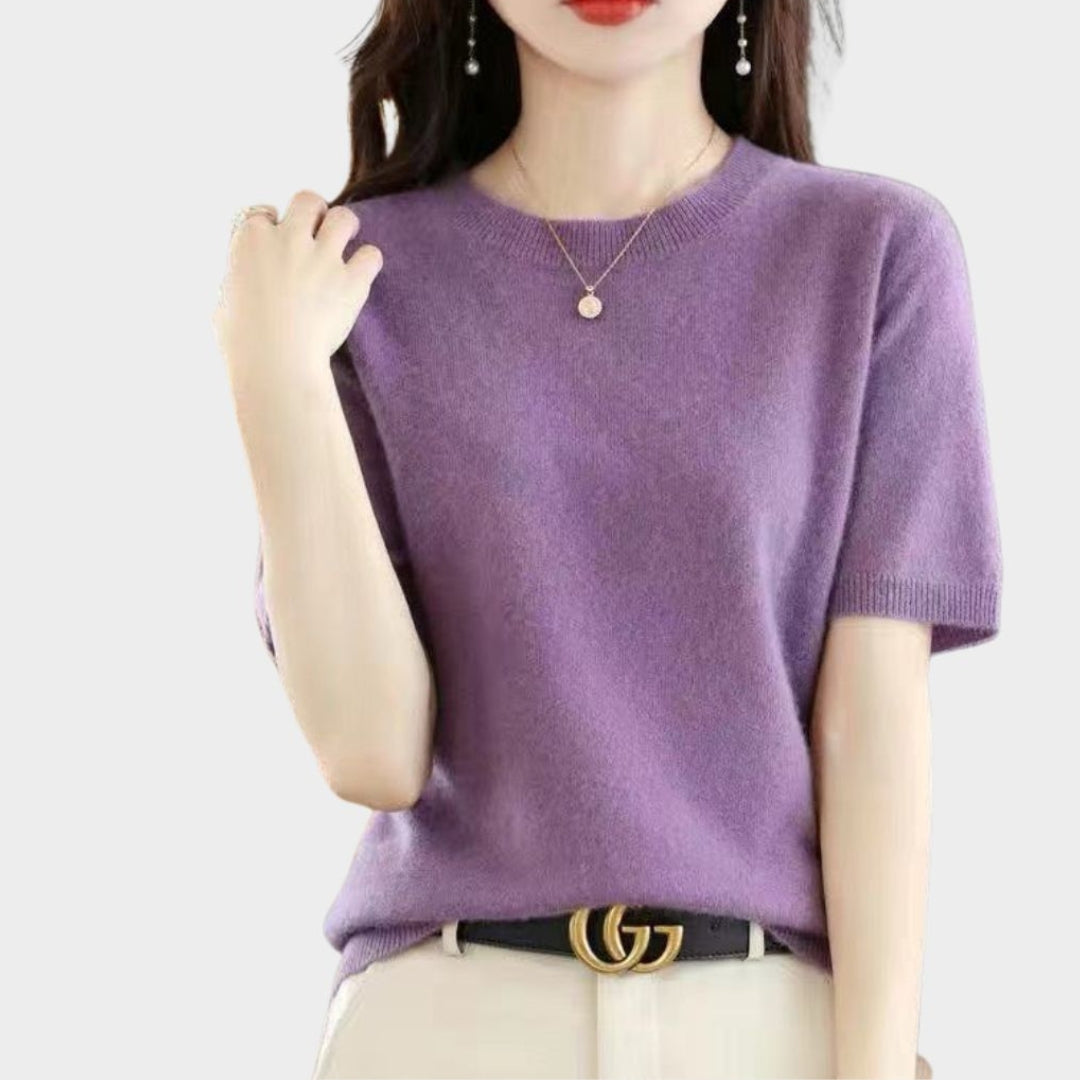 Women’s Short Sleeve Knitted T-shirt – O-neck Slim Wool Cotton Vest in 13 Colors