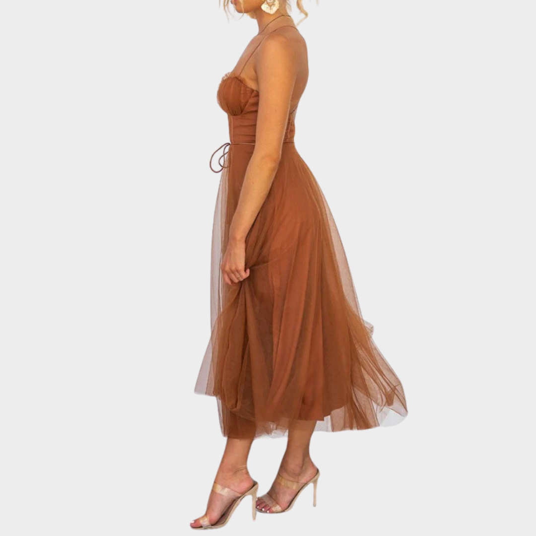 Women’s Long Backless Chiffon Dress – Spaghetti Strap Party Gown with Low Cut Lace-Up Back – Lightweight Mesh Fit – Multiple Colours