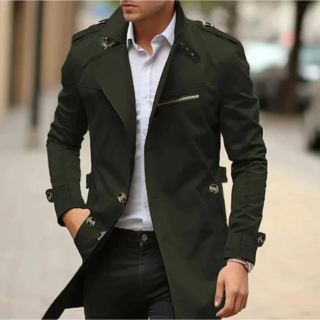 Men’s Classic Trench Coat – Long Sleeve Outerwear with Belt and Button Details – Structured Fit Water-Resistant Cotton Blend – Multiple Colours