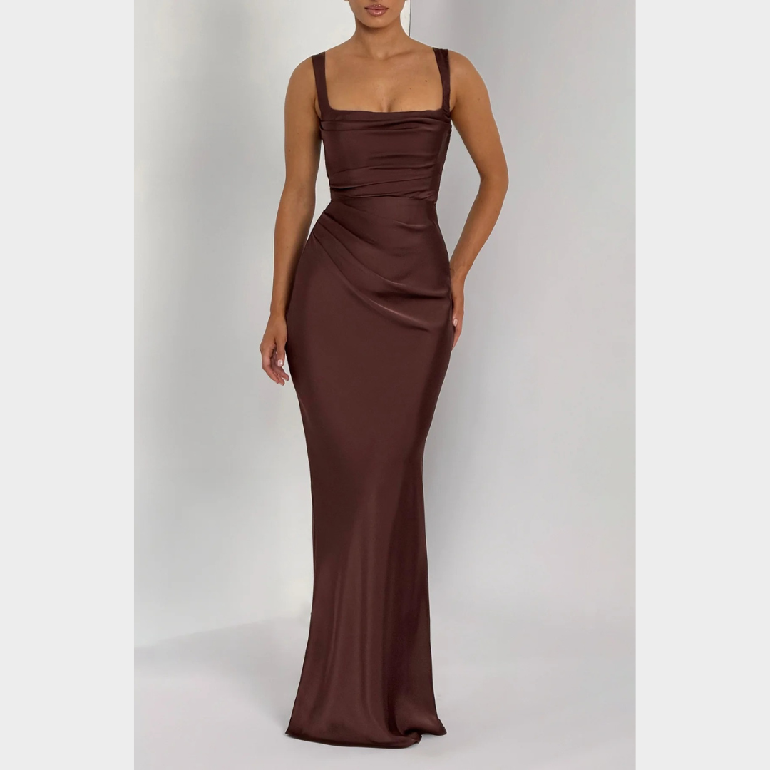 Women Slim Fit Satin Maxi Dress – Elegant Long Dress with Pleated Bodice Square Neckline and Lace Up Back – Multiple Colours