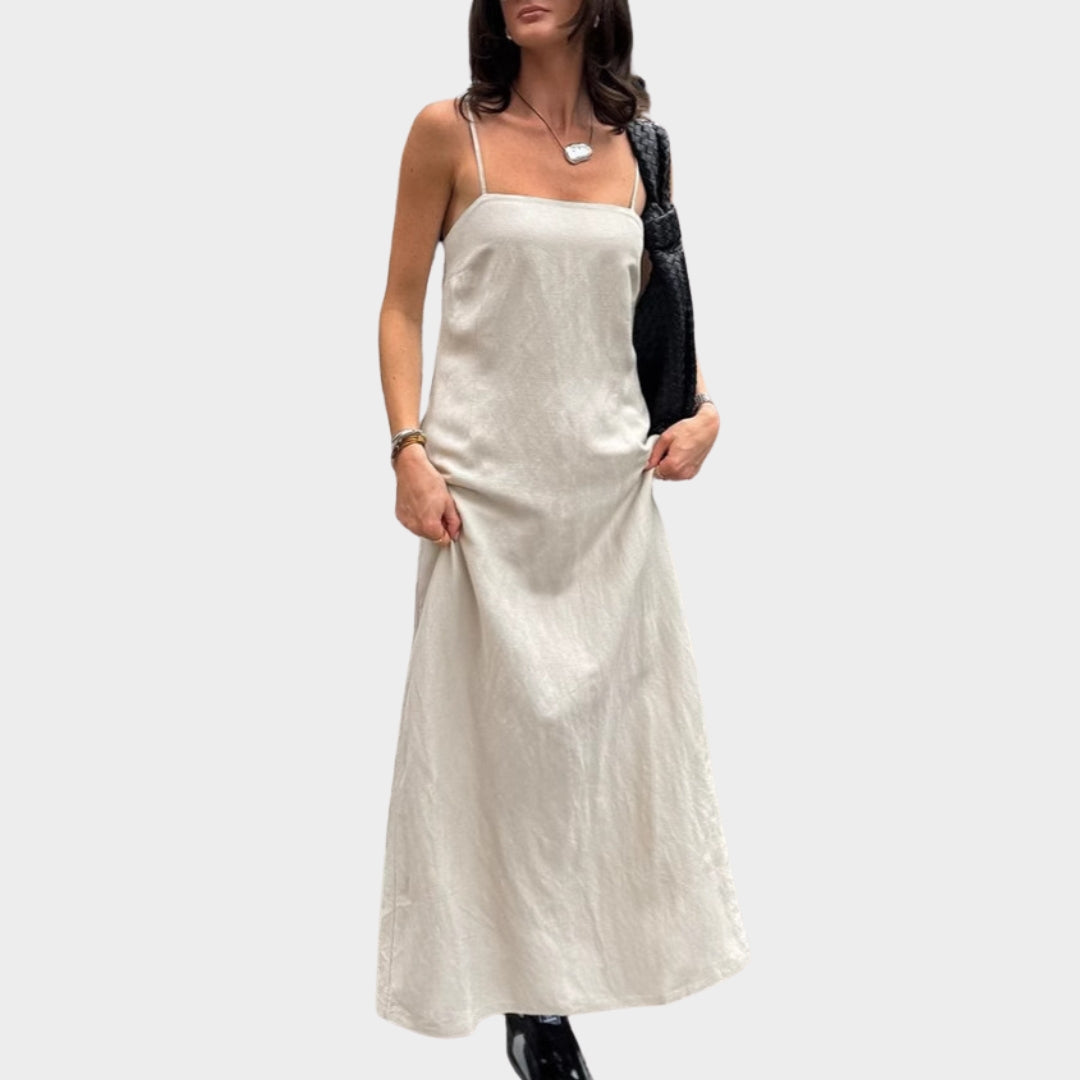 Women's Cotton Linen Maxi Dress - Spaghetti Strap - Loose A-Line Fit - Lightweight & Breathable - Khaki