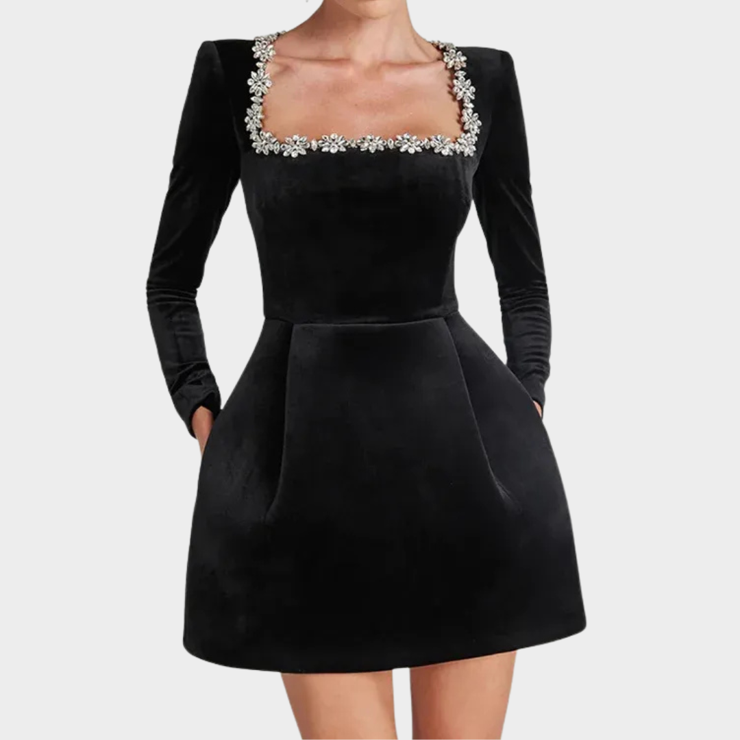 Women Velvet Crystal Dress – Elegant Evening Wear with Square Neckline and Crystal Embellishments – Slim Structured Fit – Multiple Colours
