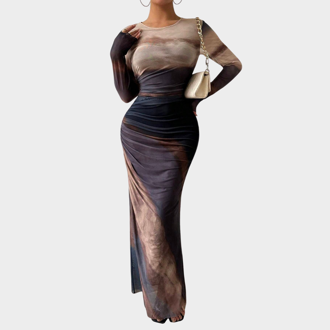 Women Comfy Bodycon Maxi Dress – Long Sleeve Round Neck Printed Silhouette – Multiple Colours