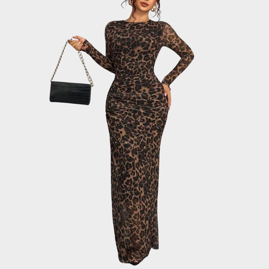 Women Comfy Bodycon Maxi Dress – Long Sleeve Round Neck Printed Silhouette – Multiple Colours