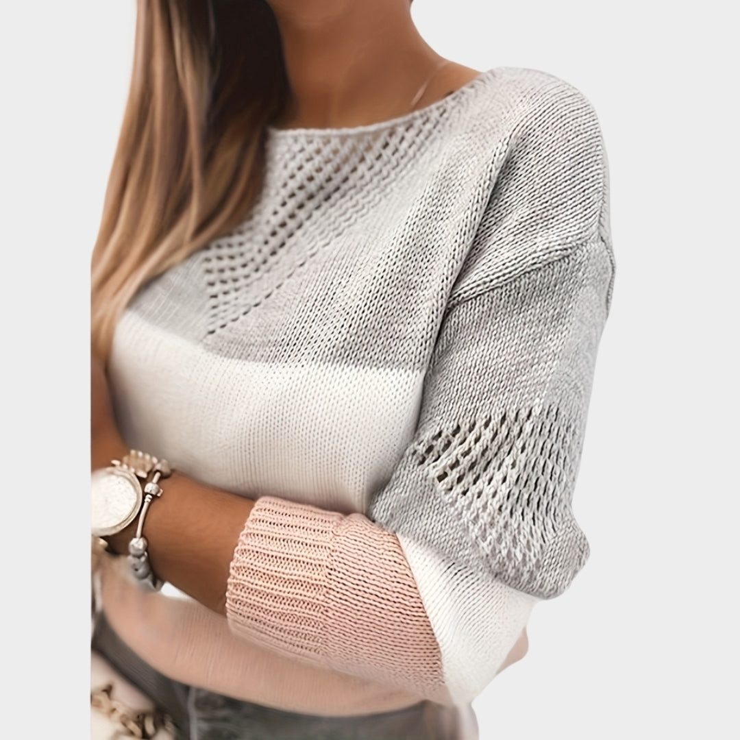 Autumn Winter Women’s Knitted Sweater - Casual Versatile Color Panel Design, Multi-Color, Cut-Out Neckline