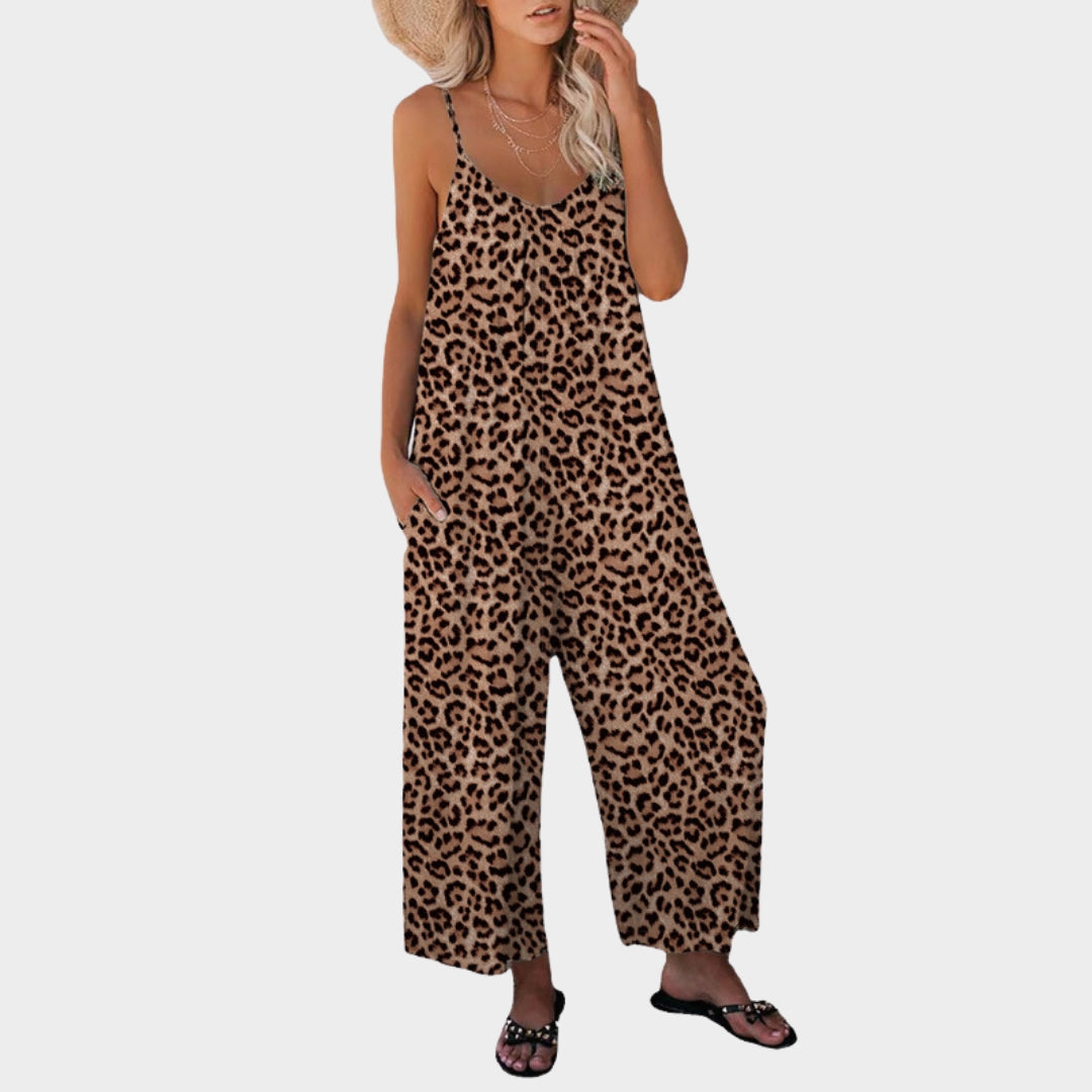 Summer Women's Jumpsuit – Leopard Pattern, Loose Casual Fit, Pockets, Belt, Multiple Colors