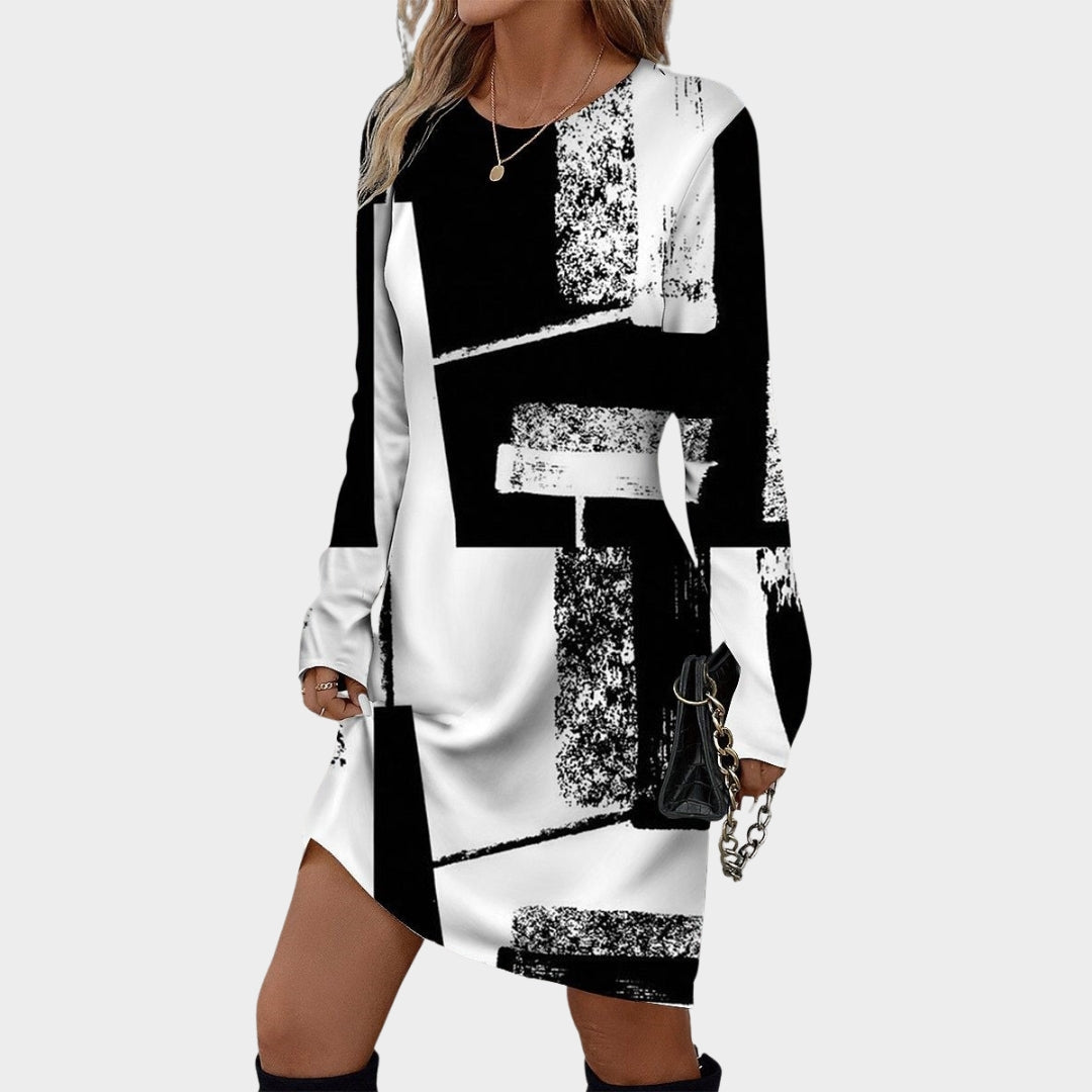Vintage Print Women’s Dresses – Casual O-neck Long Sleeve Loose Fit Dresses, Black/White, Green/White, Blue/White
