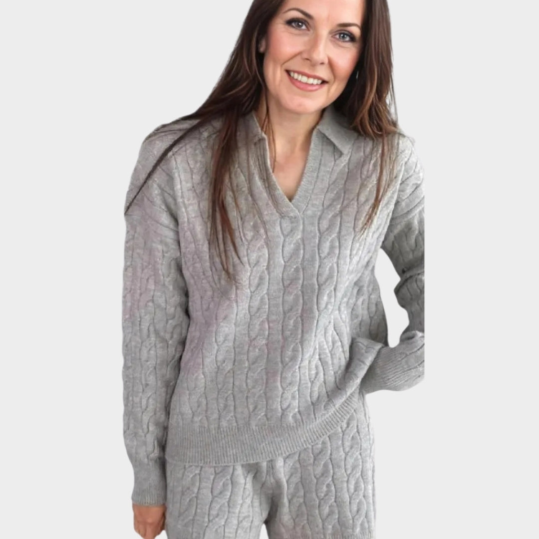 Women’s V-Neck Wool Sweater - Elegant Collar, Classic Tailored Design, Grey, Blue