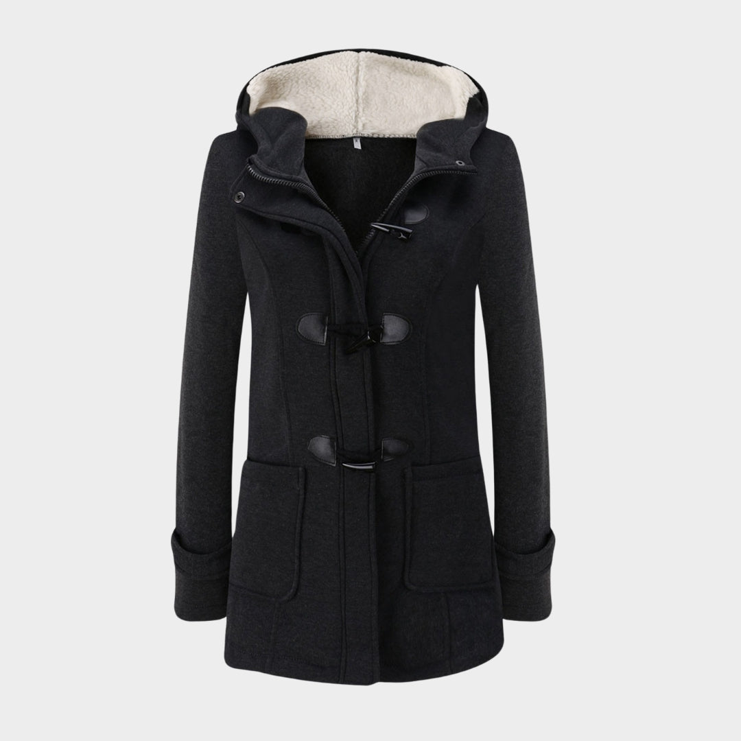 Women Warm Mid Length Hooded Coat – Horn Buckle Long Sleeve Outerwear – Multiple Colours