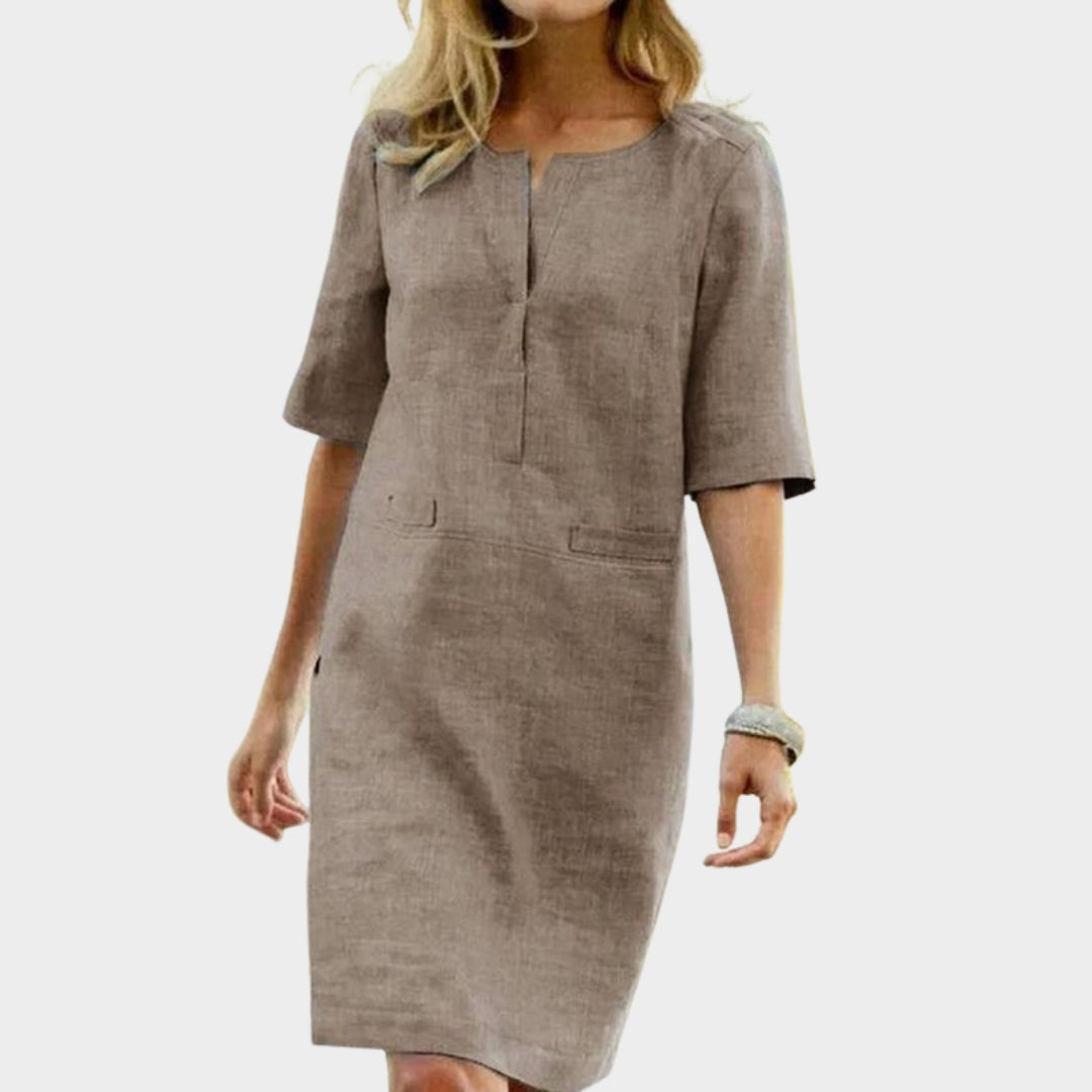 Women's Knee-Length Cotton Dress – Round Neck – Half Sleeve – Loose Fit – Multiple Colours