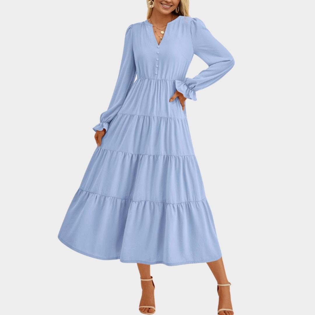 Women’s High-Waist A-Line Dress - V-Neck, Layered Ruffles, Button Embellished, Long Sleeve, Wine, Black, and More