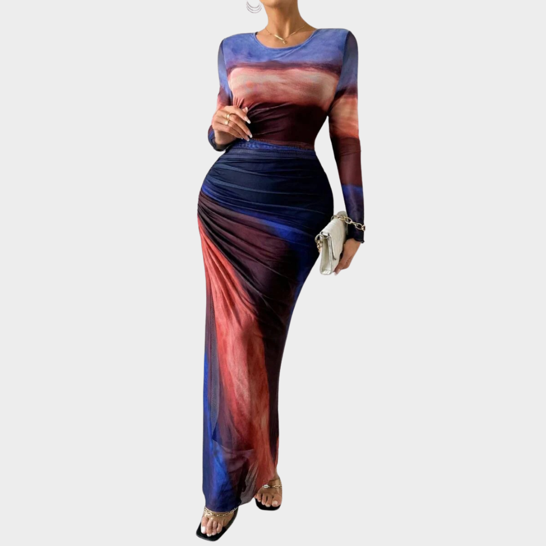 Women Comfy Bodycon Maxi Dress – Long Sleeve Round Neck Printed Silhouette – Multiple Colours