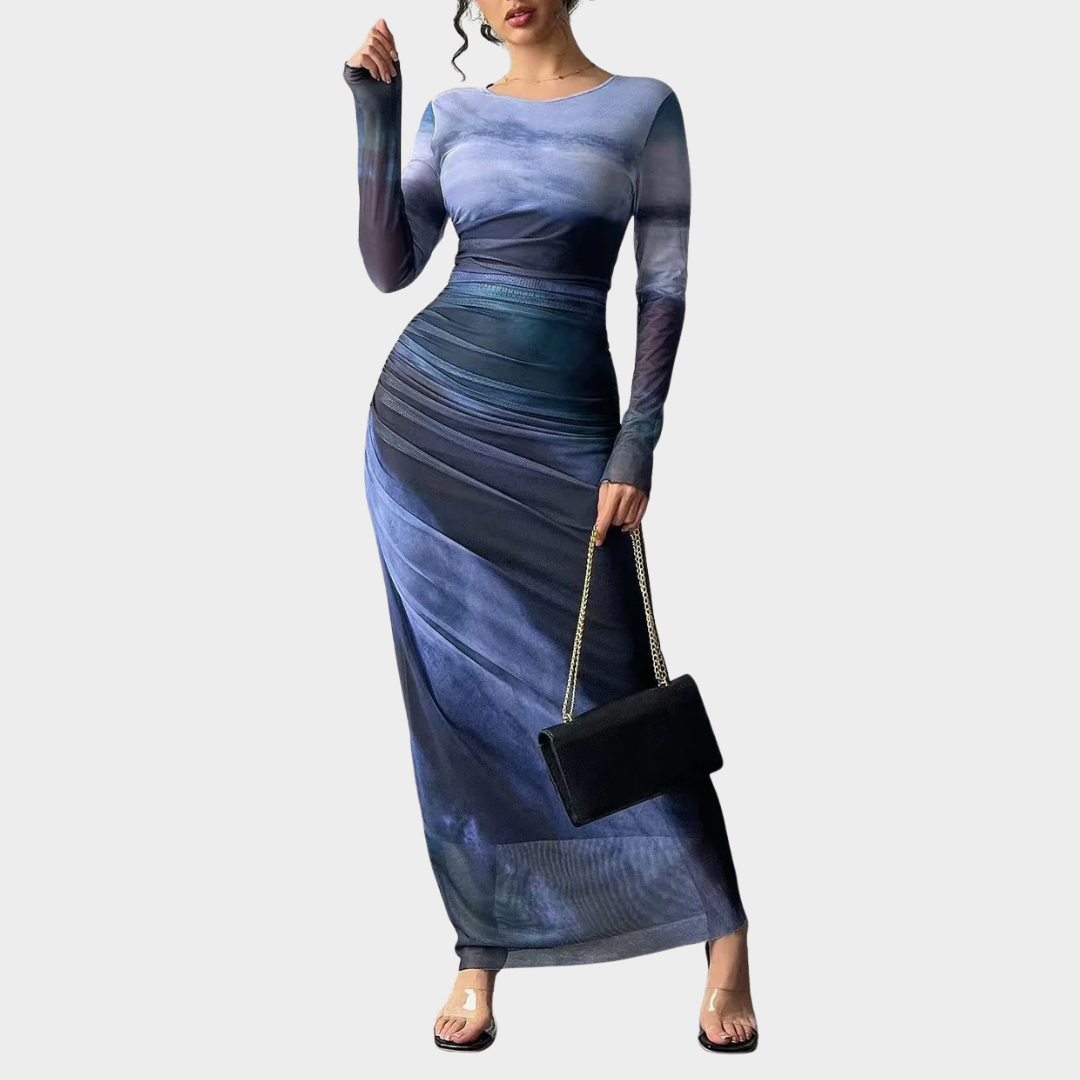 Women Comfy Bodycon Maxi Dress – Long Sleeve Round Neck Printed Silhouette – Multiple Colours