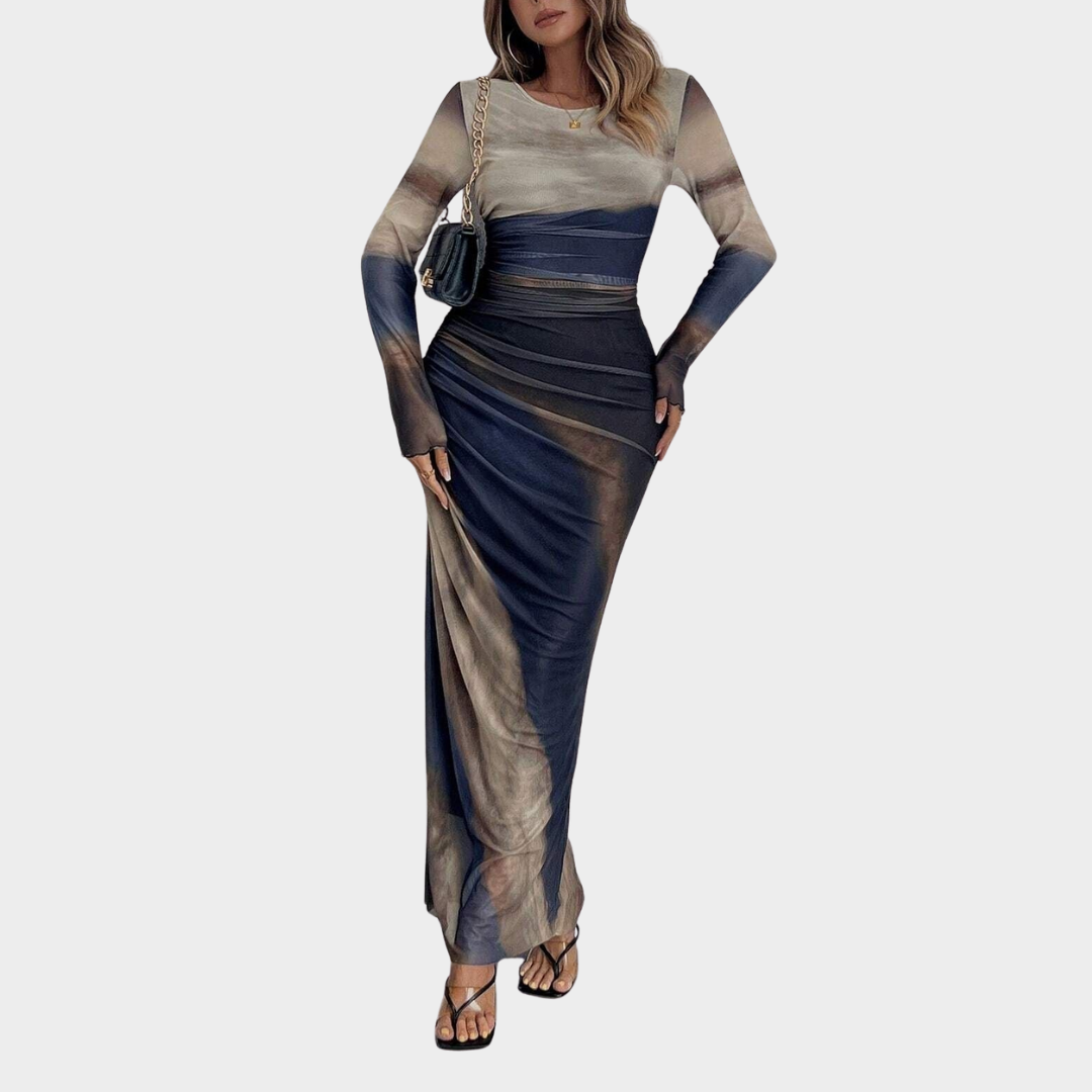 Women Comfy Bodycon Maxi Dress – Long Sleeve Round Neck Printed Silhouette – Multiple Colours