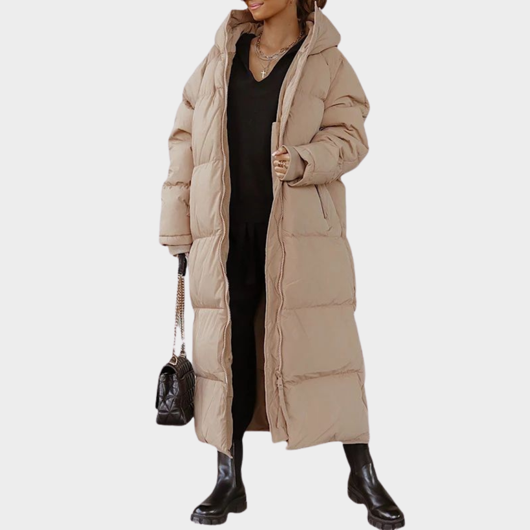 Women's Long Down Overcoat – Hooded – Warm & Insulated – Loose Fit – Zipper & Pockets – Mid-Calf Length – Multiple Colours