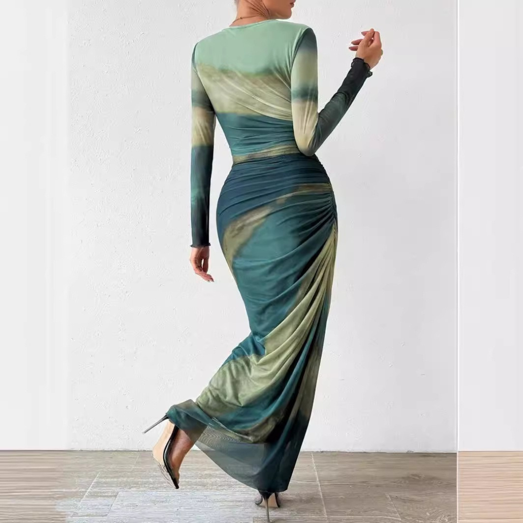 Women Comfy Bodycon Maxi Dress – Long Sleeve Round Neck Printed Silhouette – Multiple Colours