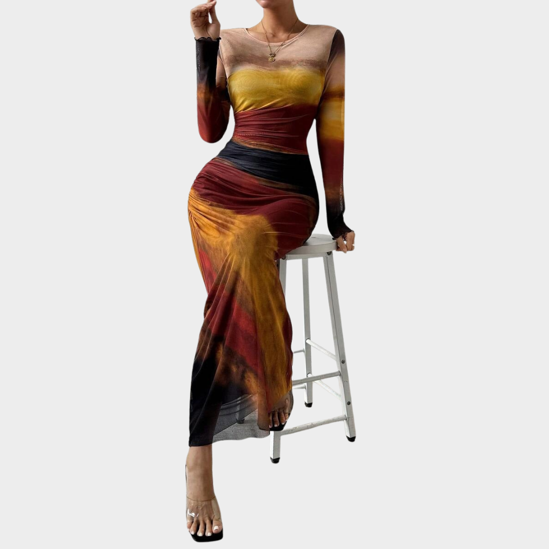 Women Comfy Bodycon Maxi Dress – Long Sleeve Round Neck Printed Silhouette – Multiple Colours