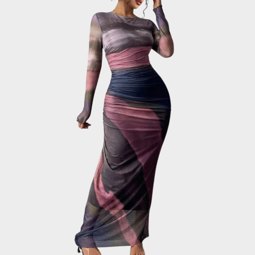 Women Comfy Bodycon Maxi Dress – Long Sleeve Round Neck Printed Silhouette – Multiple Colours