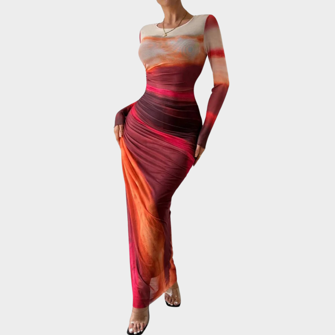 Women Comfy Bodycon Maxi Dress – Long Sleeve Round Neck Printed Silhouette – Multiple Colours
