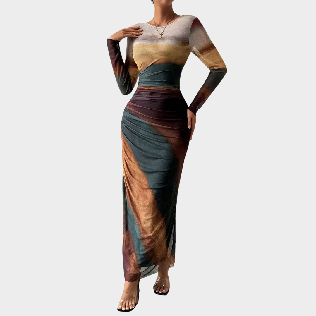 Women Comfy Bodycon Maxi Dress – Long Sleeve Round Neck Printed Silhouette – Multiple Colours