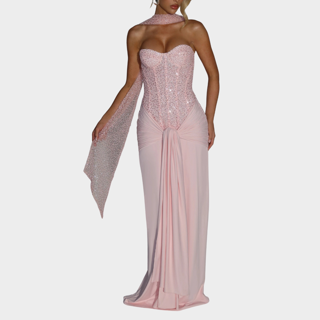 Women’s Off-Shoulder Evening Gown – Luxury Strapless Party Dress with Embellished Mesh Bodice and Slinky Jersey Skirt – Multiple Colours