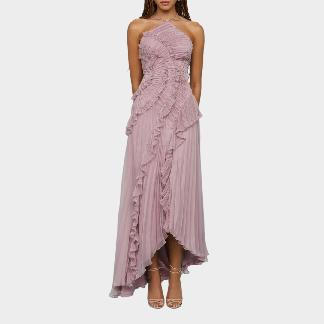 Women Pleated Frill Halter Neck Maxi Dress – Elegant Sleeveless High Stretch Dress with Asymmetrical Hem and Flowing Pleated Texture – Multiple Colours