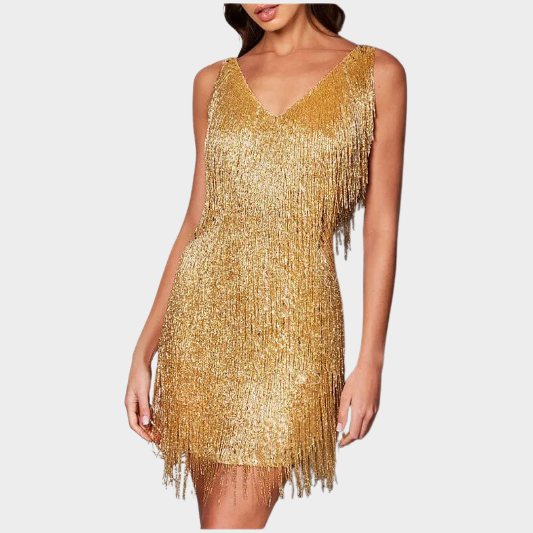 Women's Sequined Evening Dress – Sleeveless – V Neck – Tassels & Feather Detail – Multiple Colours