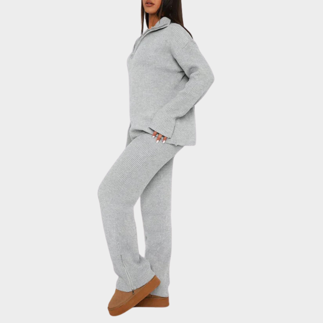 Women's Two-Piece Knitted Set – Long Sleeve – Lapel Collar – Soft Fabric – Multiple Colours