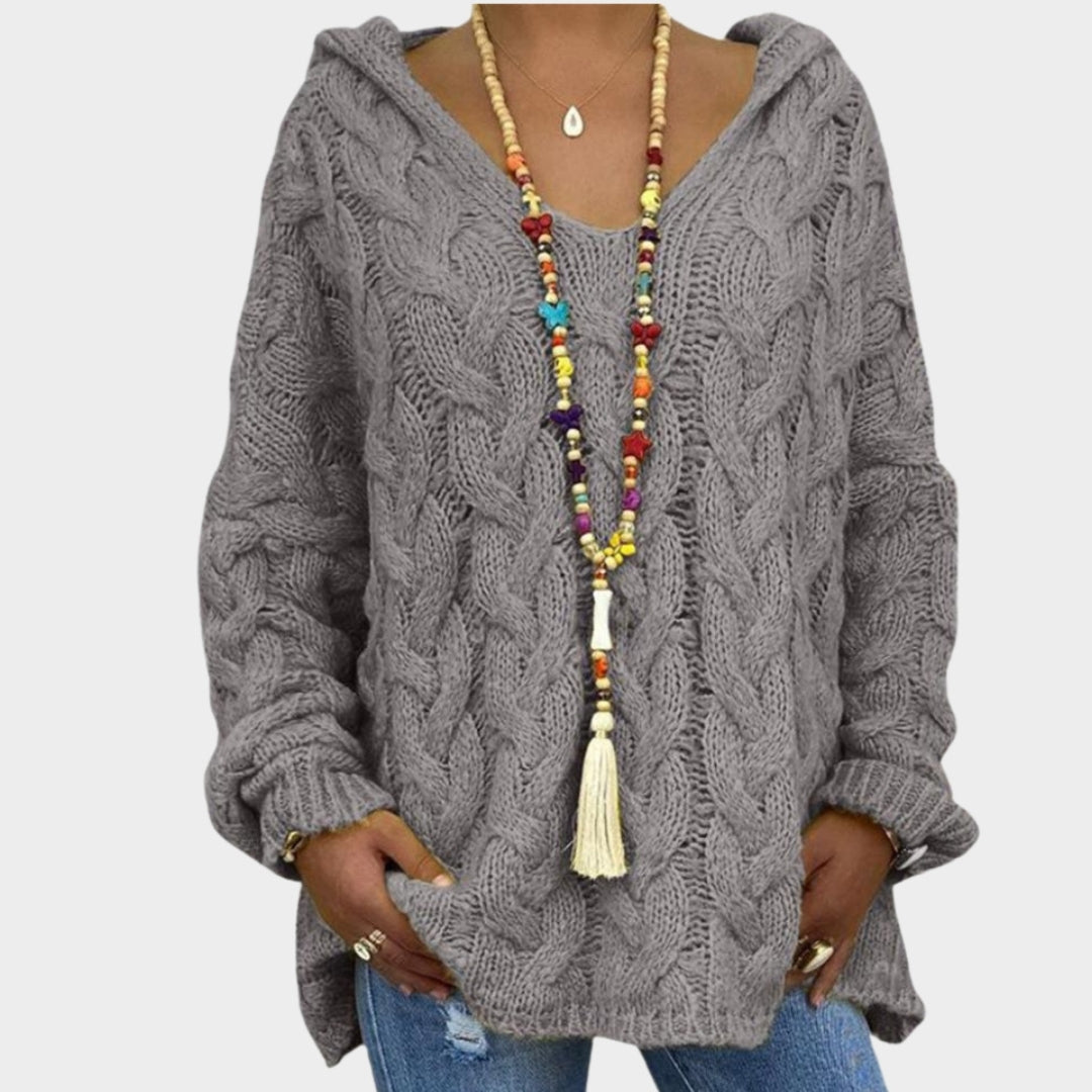 Women’s Hooded V-Neck Knitted Sweater - Long Sleeve, Twist Knit, Solid Color Loose Pullover, Red, Green, and More