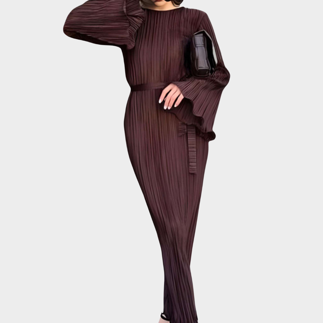 Women's Bodycon Pleated Dress – Elegant Long Sleeve Ankle-Length Dress – Slim Fit O-Neck – Lace-Up Waist – Multiple Colours