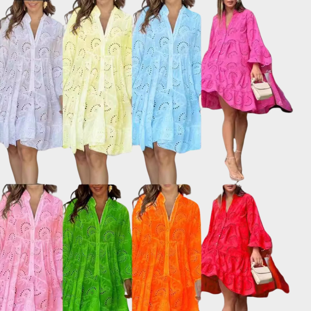 Spring Summer Women’s V-Neck Dress – Solid Color, Embroidered Hollow Lace, Loose Fit in Yellow, Red, Sky Blue, and More