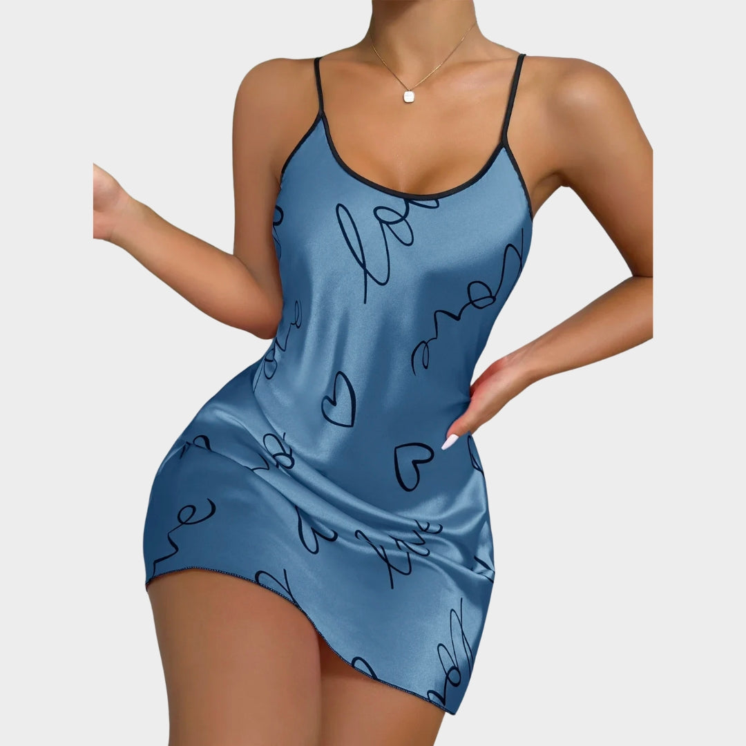Women's Satin Nightdress - Heart Print - Scoop Neck & Criss-Cross Back - Soft & Comfortable Sleepwear
