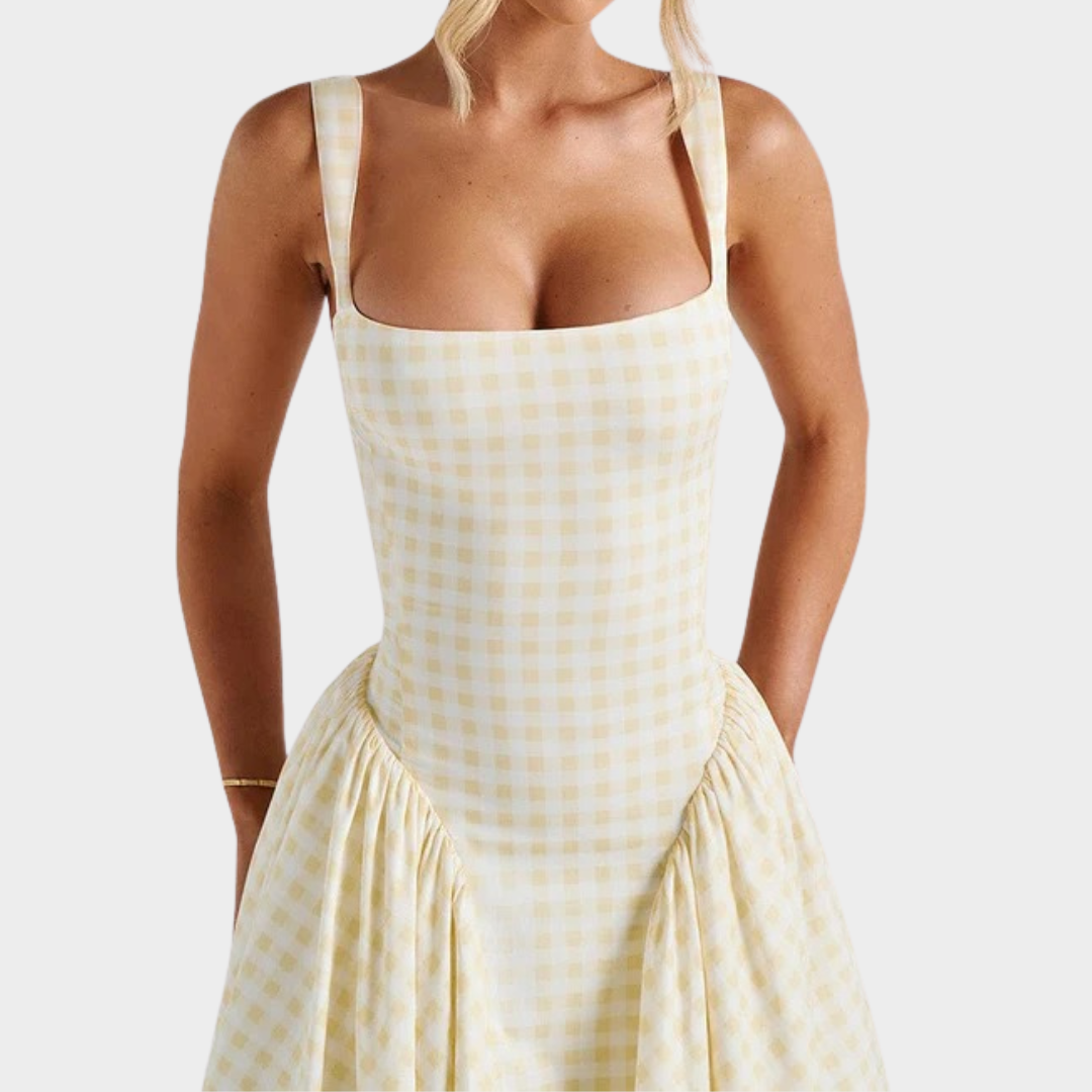 Women’s Midi Dress – Gingham Print with Fitted Bodice – Lace Up Back – Square Neckline – Flowing Skirt – Multiple Colours