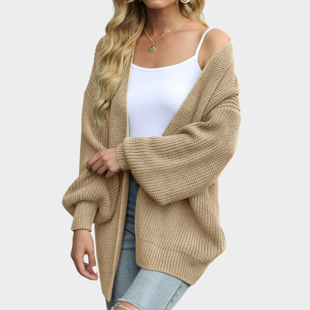 Women's Lantern Sleeve Thick Needle Cardigan – Cozy Knitted Sweater Coat, Black, Beige, and More