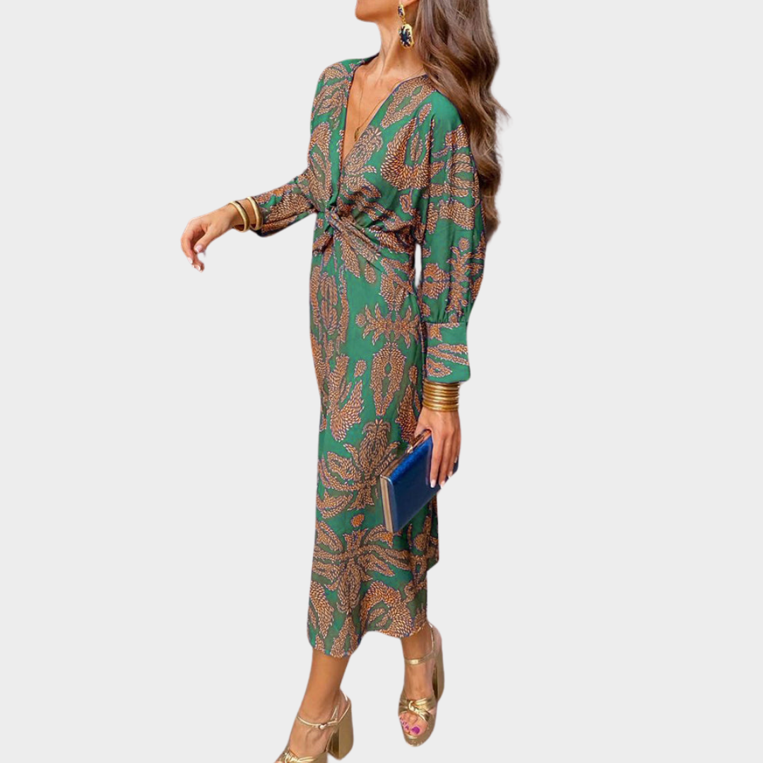 Women's Retro Printed Midi Dress – Elegant Round Neck Long Sleeve Party Dress – Multiple Colours