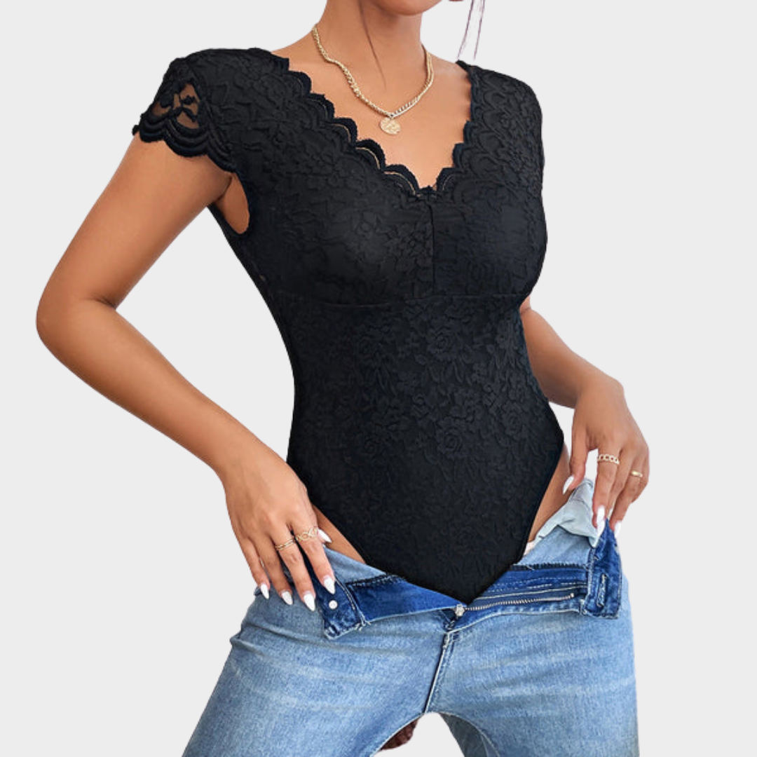 Women's Lace Romper – V Neck – Elastic Bodycon Fit – Hollow Mesh – Party Jumpsuit – Multiple Colours