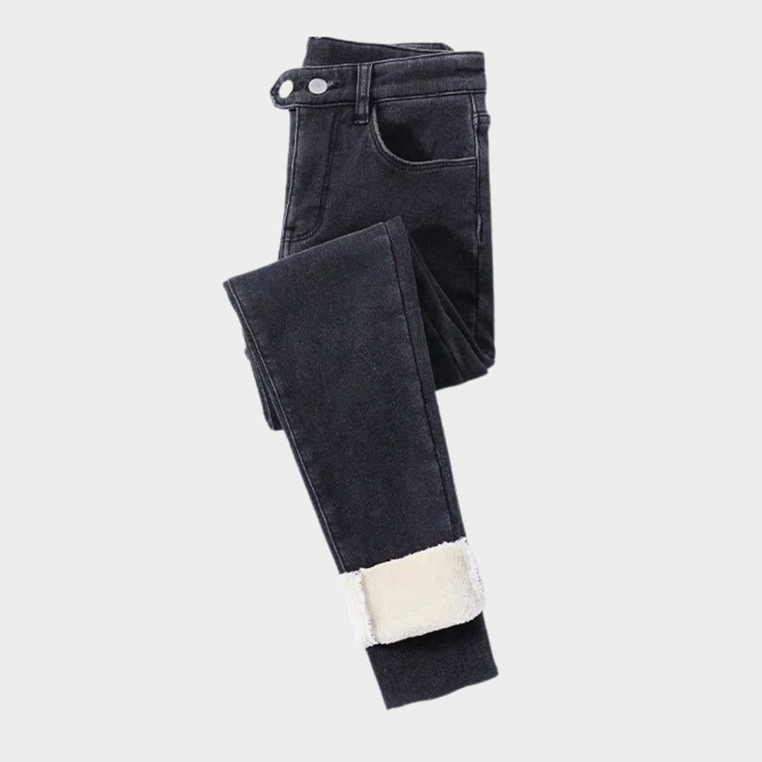 Women’s High Waist Skinny Jeans - Winter Thick Velvet Warm Fleece Denim Pants, Stretch Slim Fit, Blue Grey, Black, Vintage Blue, Grey