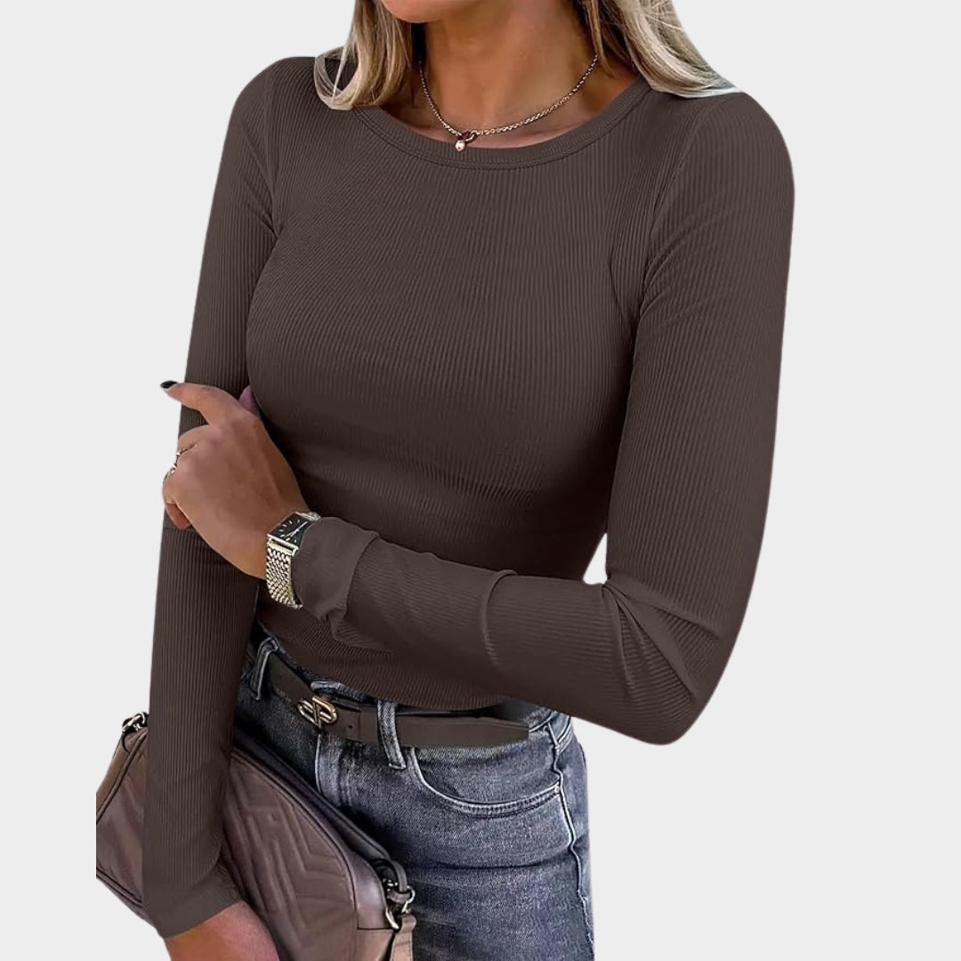 Women's Long-Sleeve Ribbed Knit Top - Crewneck - Slim Fit Basic Tee - Casual & Versatile - Multiple Colours