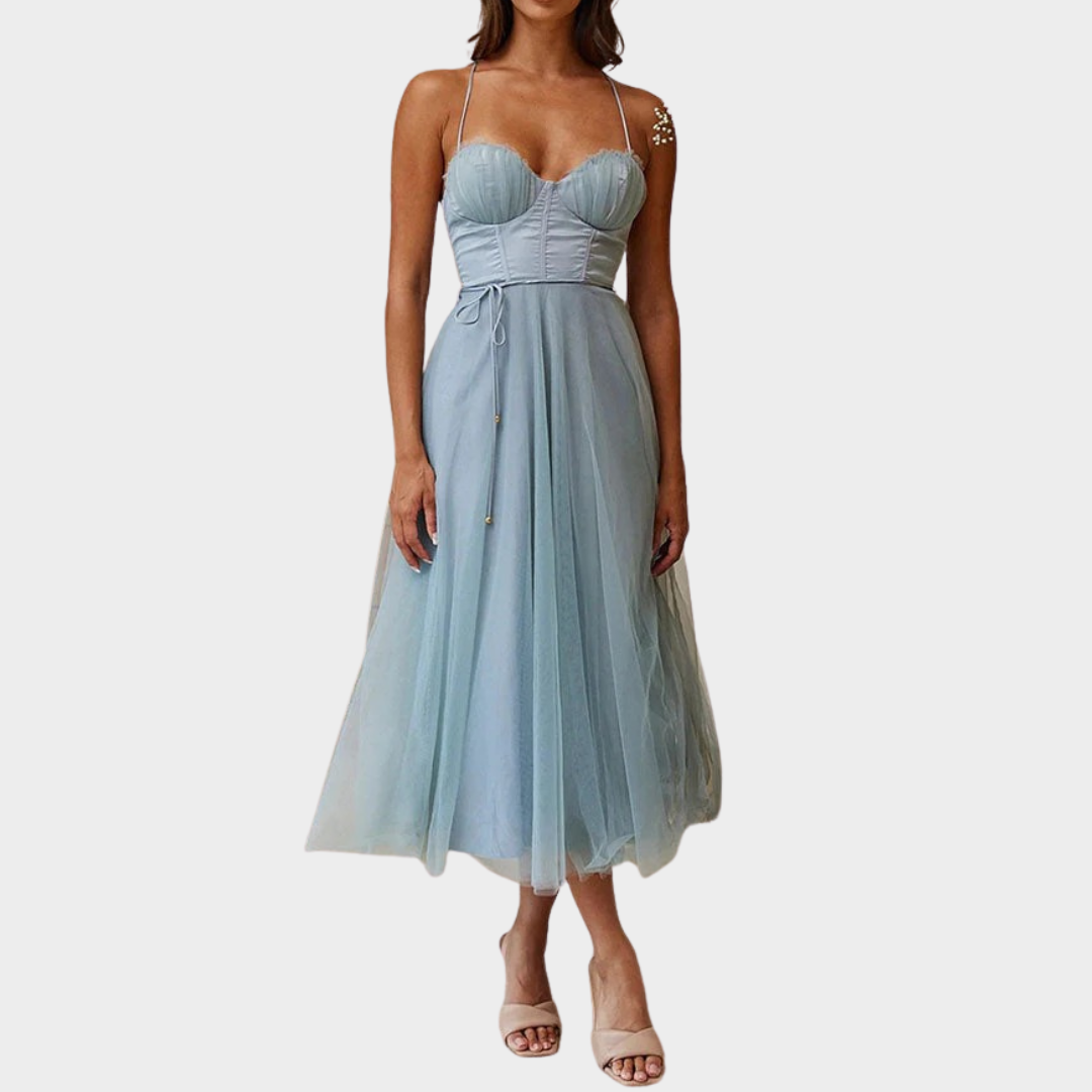 Women’s Long Backless Chiffon Dress – Spaghetti Strap Party Gown with Low Cut Lace-Up Back – Lightweight Mesh Fit – Multiple Colours
